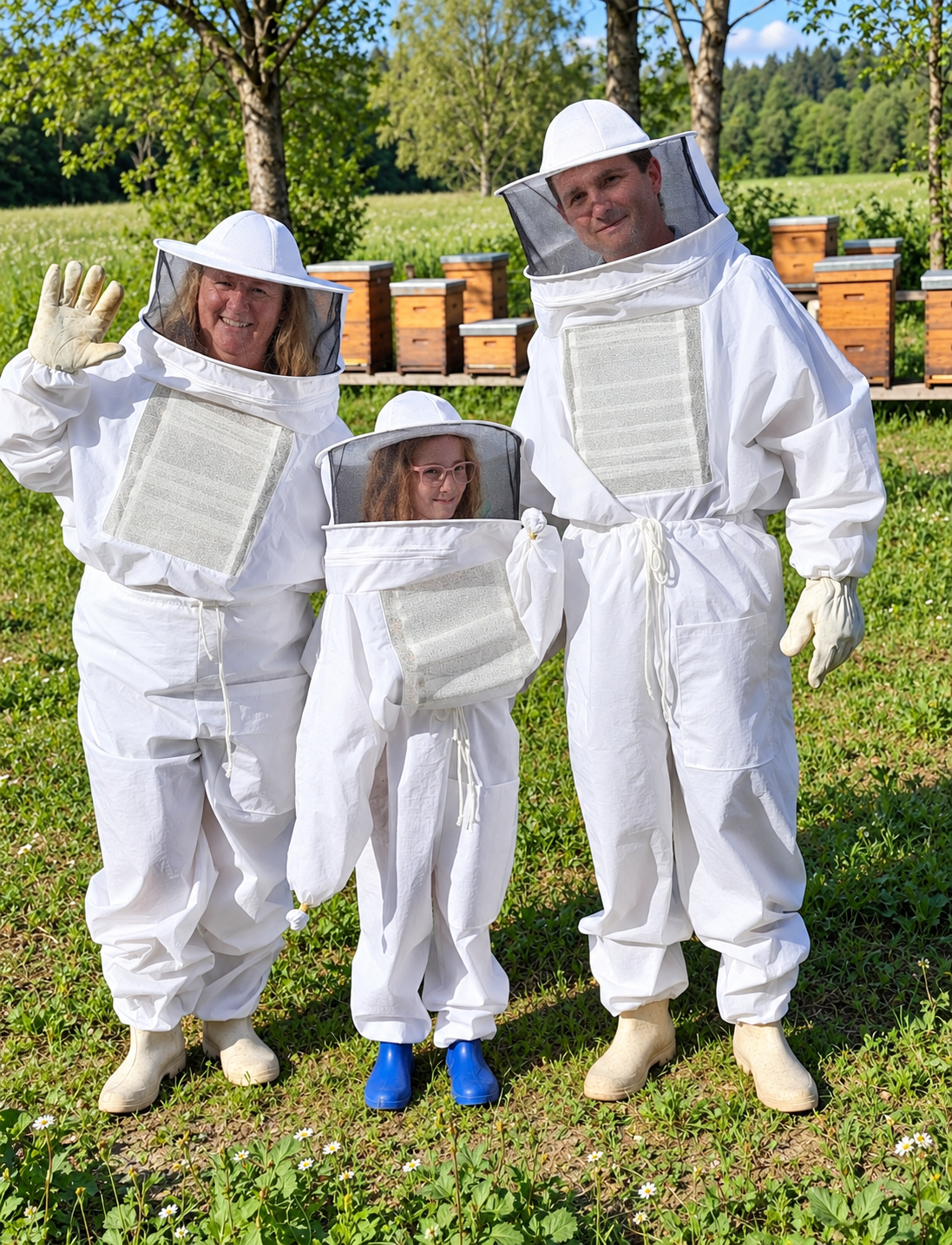 Família Muryponário com roupas de apicultor